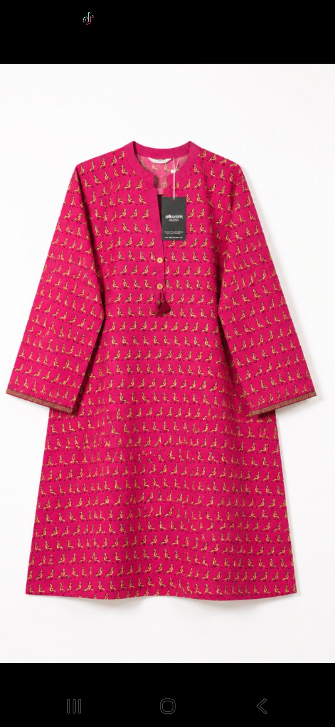 Hot Pink Premium Cotton Bird Print Kurta