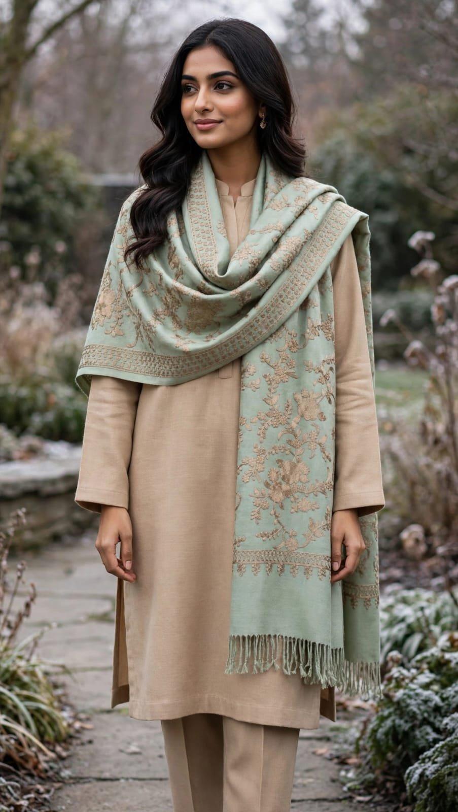 Warm & Cozy Floral Jaal Pashmina 3-Piece Suit with Mini Shawl
​